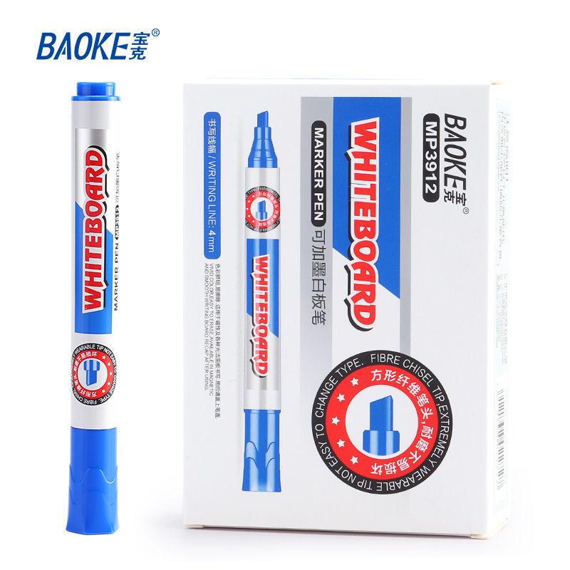 Bolígrafo de pizarra blanca de cabeza cuadrada Baoke MP3912, se puede borrar y agregar tinta, maestro, estudiante, oficina de negocios, bolígrafo de tablero de dibujo negro, rojo y azul