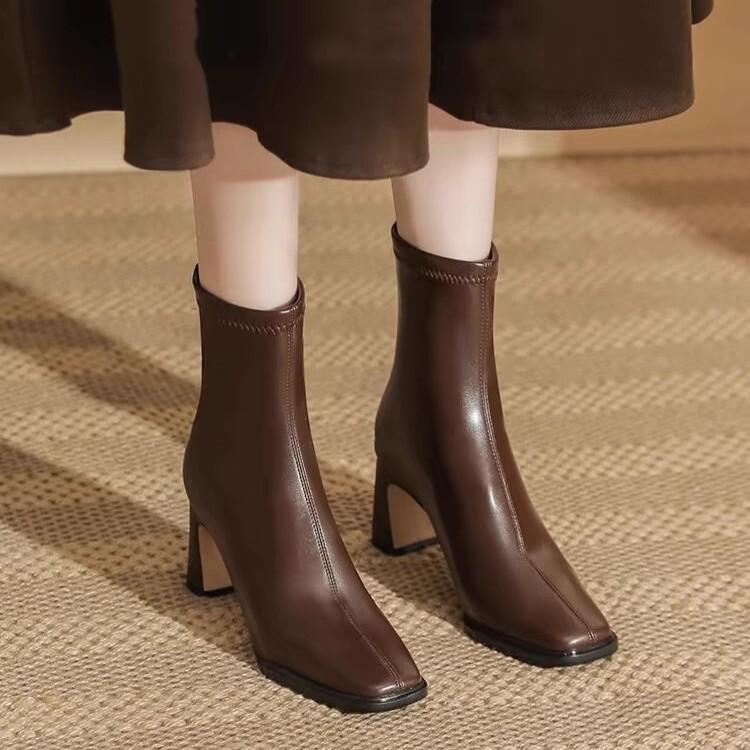 French-Style Melard Chunky Heel Short Boots for Women, 2025 Autumn and Winter New Brown Square-Toe Fleece-Lined Petite High-Heeled Martin Boots