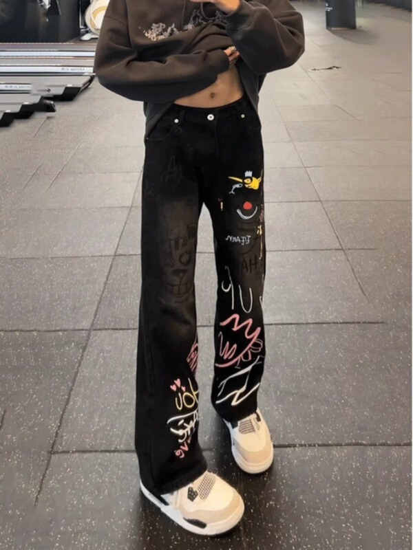 American-style High Street Graffiti Jeans Men's Spring and Autumn Halloween Wear Pants Design Sense Slimming Straight Pants