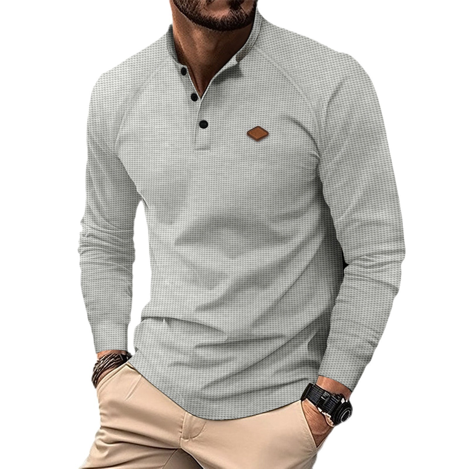 2024 Waffel Herbst/Winter Neue männer Hemd Mit Einfarbig Polo Kragen Langarm Sport_voghion.com