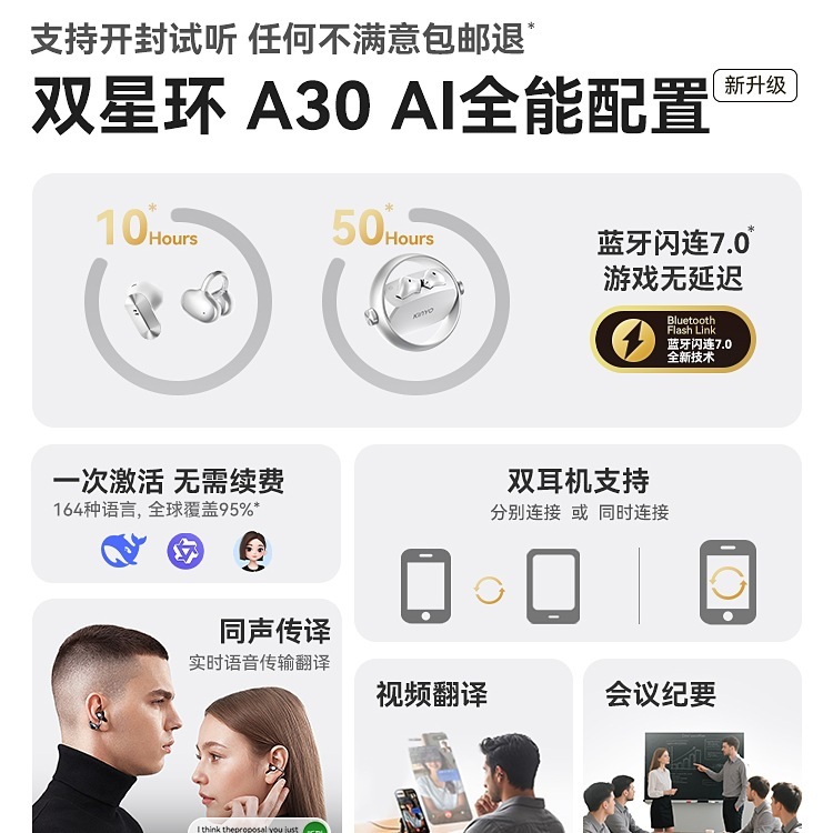 金运A30蓝牙双耳机ai翻译2025新款耳夹入耳运动无线开放政府补贴|undefined