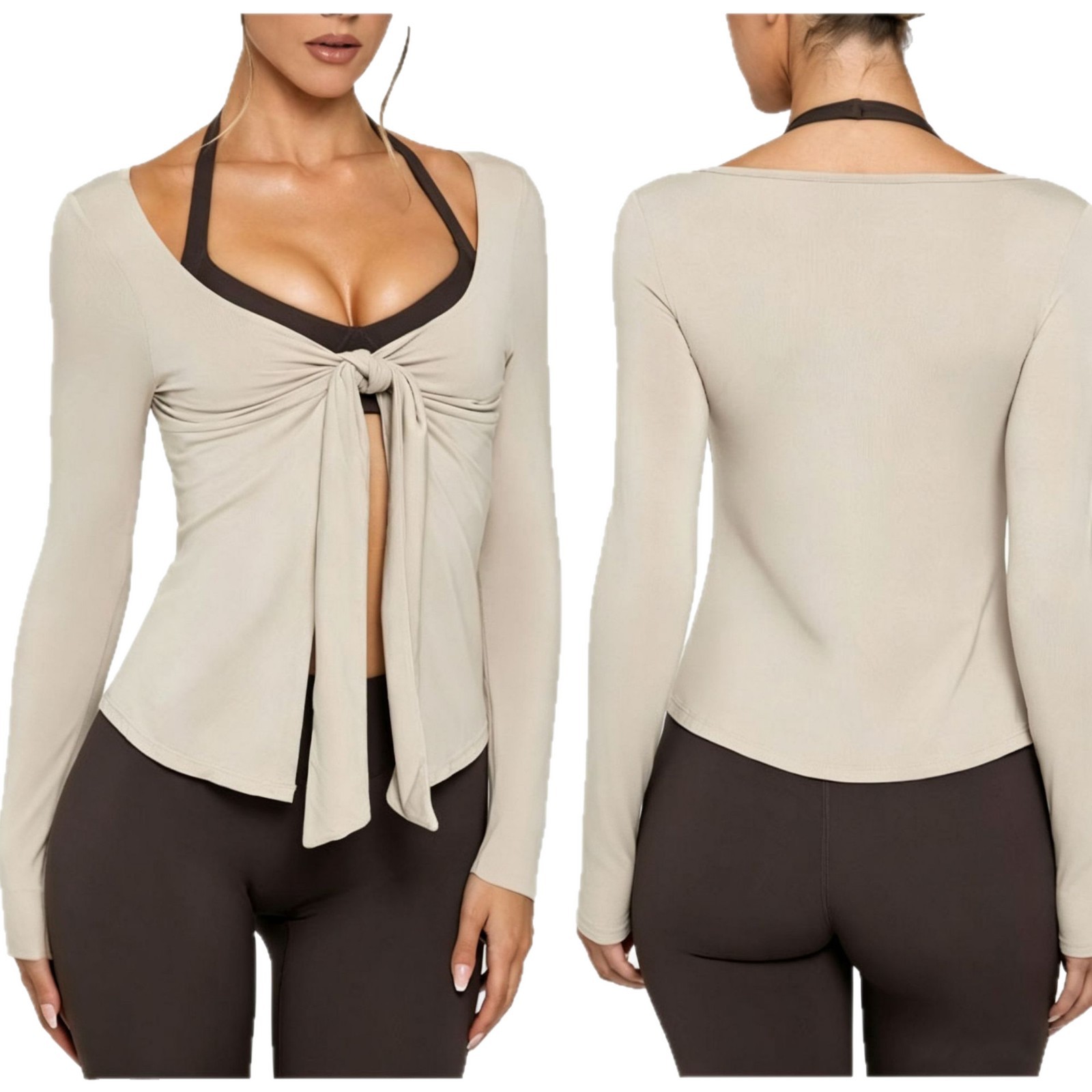 2026 chaqueta de yoga alta elástica pro-piel V corbata de manga larga deportes de comercio exterior fuera de la calle doble ajuste Pilates fitness