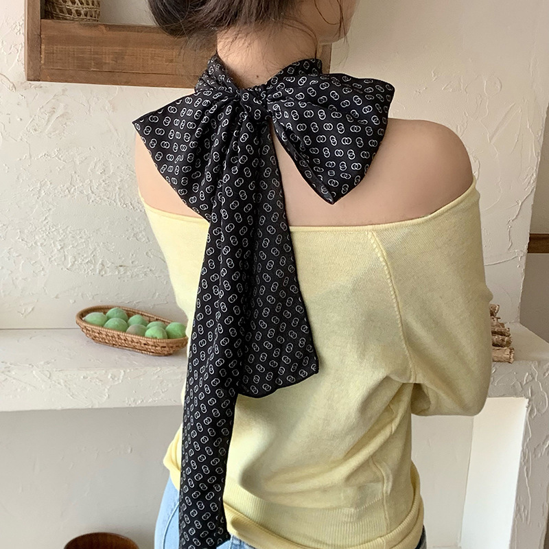 Bufanda de seda para mujer, banda larga, sensación de alta calidad, bufanda de seda de lunares simple retro, bufanda de cinta multiusos, diadema, cinturón para el cabello