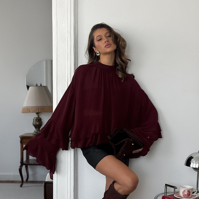 Brown Chiffon Small Stand-Up Collar Ruffled Bell-Sleeve Shirt 2026 European and American Spring and Summer Fashion New Cross-Border Top for Women