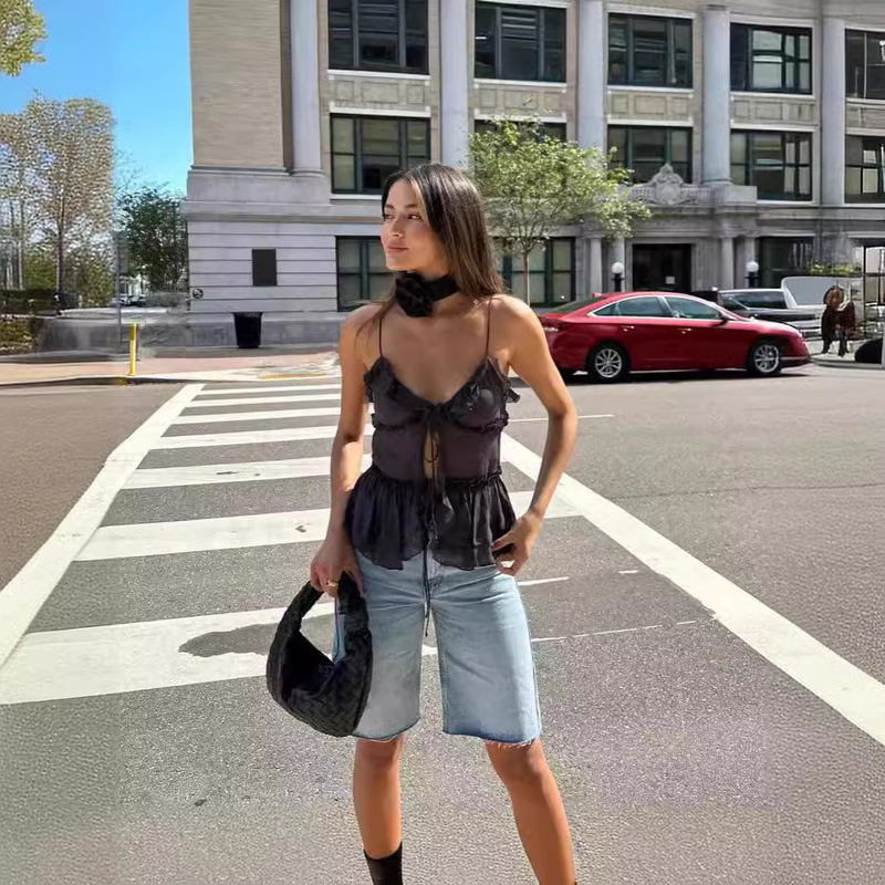 Summer New European and American Fashion Semi-transparent Layer Sexy Fold Ruffled Lace-up Camisole Top for Women