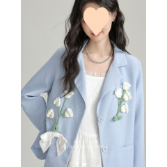 2025春秋新款蓝色文艺风通勤气质西装外套女立体花朵高级感西服潮