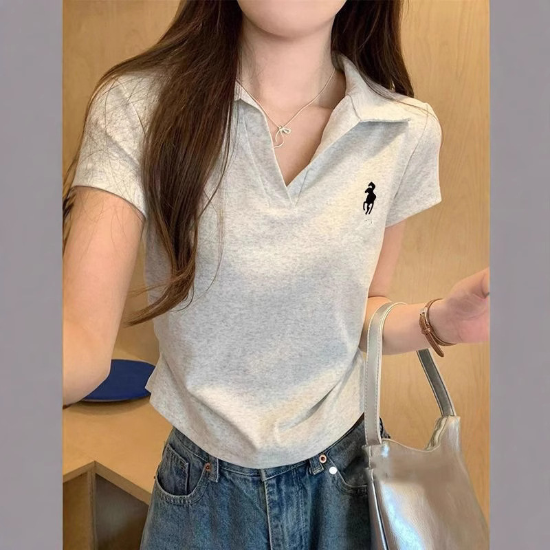 Polo Collar Right Shoulder Short-Sleeved T-Shirt for Women Summer 2025 New Slim Simple Korean Style Ins Small Flying Sleeve Top Cross-Border