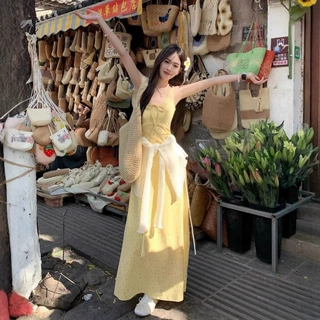 法式碎花蝴蝶结吊带连衣裙女2025夏季新款气质修身显瘦别致长裙子