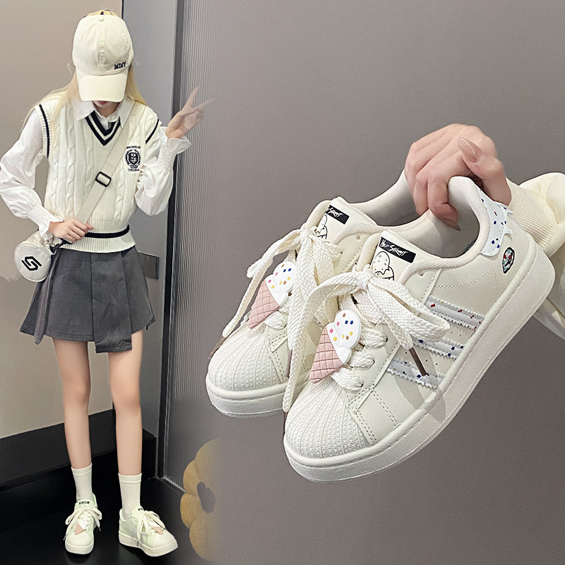 Cream White Shoes Women's Spring and Summer 2024 New Japanese Shell Head Skateboard Shoes All-match Sports Casual Shoes for Students