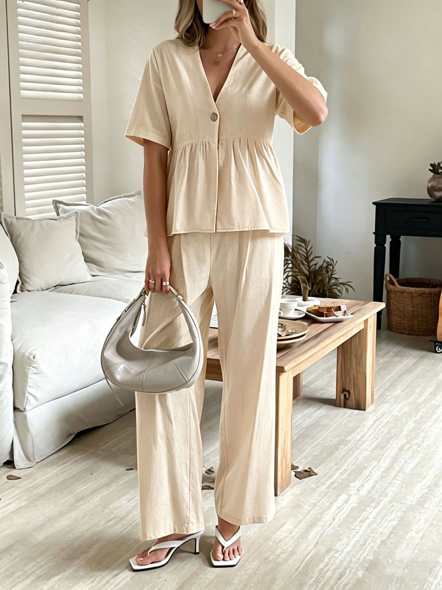 Women's Clothing Fashion Elegant Two Piece Set V Neck Loose Short Sleeved Top And Wide Leg Pants For Formal & Casual For Women_ecoleips.com