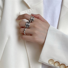 韓版S925銀線條麻花纏繞戒指女復古時尚簡約開口指環嘻哈食指戒潮