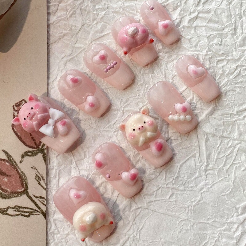 2024 New Wearing Armor Cute Piglet Nail Art White Removable Long-lasting Nail Patch Short Little Red Book