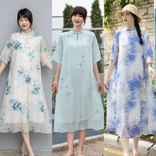 连衣裙 夏季新款中国风复古印花棉内衬宽松显瘦女士旗袍连衣裙