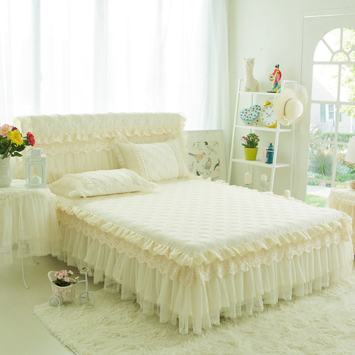 5ZV7韩式床裙三件套加棉床罩床头罩加厚夹棉公主风蕾丝花边粉色床