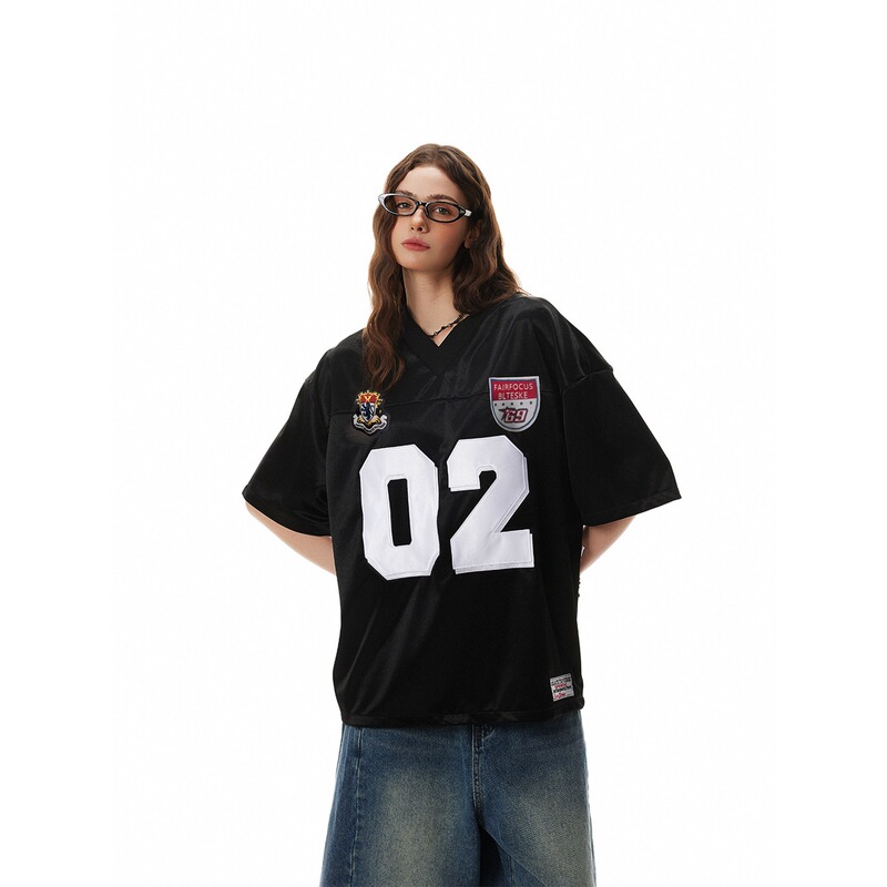 Cross-Border American-Style 02 Digital Badge V-Neck Sports Short-Sleeve Jersey Men's Summer Loose Street Style Lazy T-Shirt Women's Jersey