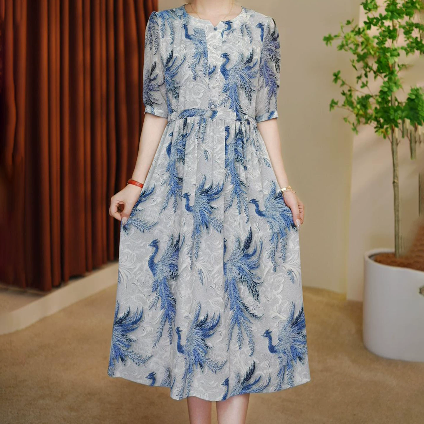 Новое летнее женское платье Phoenix Dance Cloud с воротником-стойкой, модное и элегантное, со шнуровкой на талии, свободное, облегающее и универсальное платье.