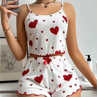 Cross-Border New European and American Knitted Pit Heart Print Sweet Suspender Shorts Pure Desire Home Sexy Pajamas for Women Summer