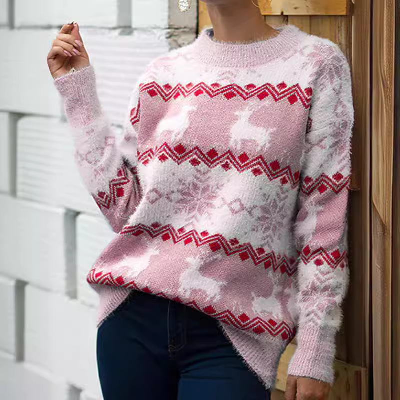 Pull de Noël douillet en maille jacquard à motif cerf, coupe ample, col rond, style décontracté, en fil doux._voghion.com