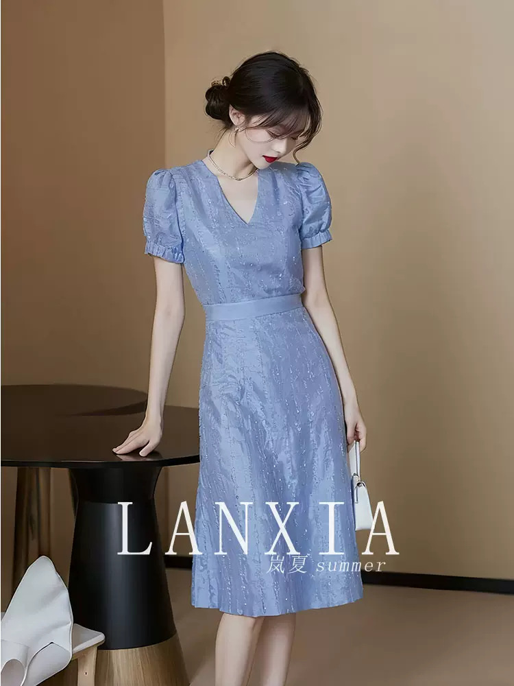 Váy dài maxi nữ thắt eo kiểu Pháp sang trọng dự tiệc hè — Màu xanh lam, Màu tím