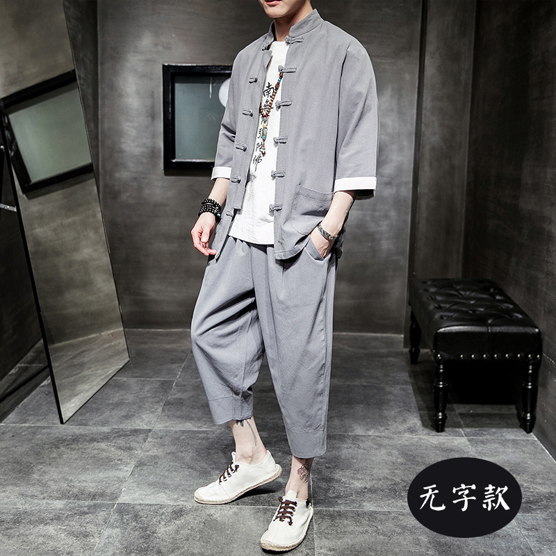 中国風紳士服仏教中国風リネンアウタースーツ若者唐スーツレトロスタイル漢服道教中山服 Yitai|undefined
