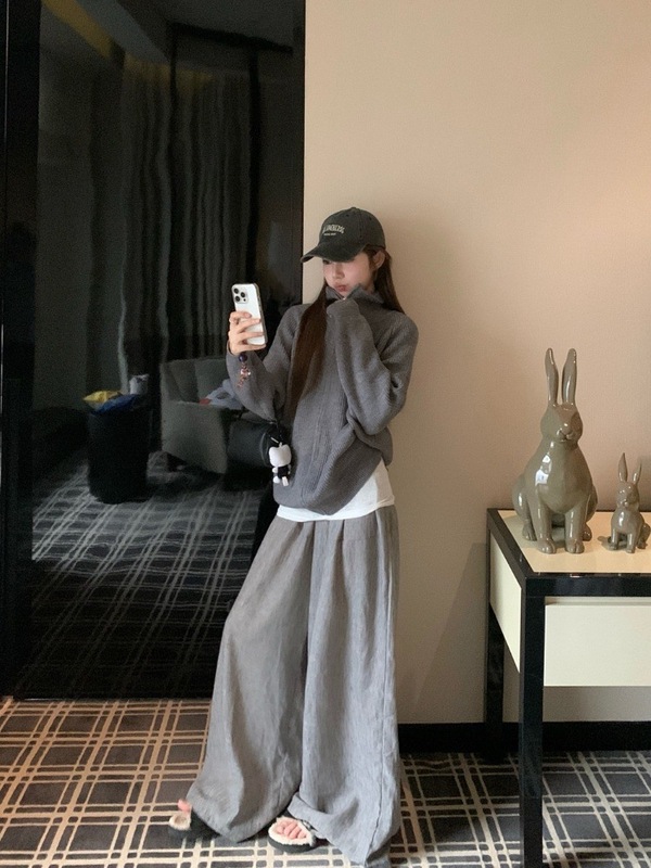 灰色简约高领毛衣女秋季宽松百搭针织开衫外套上衣|undefined