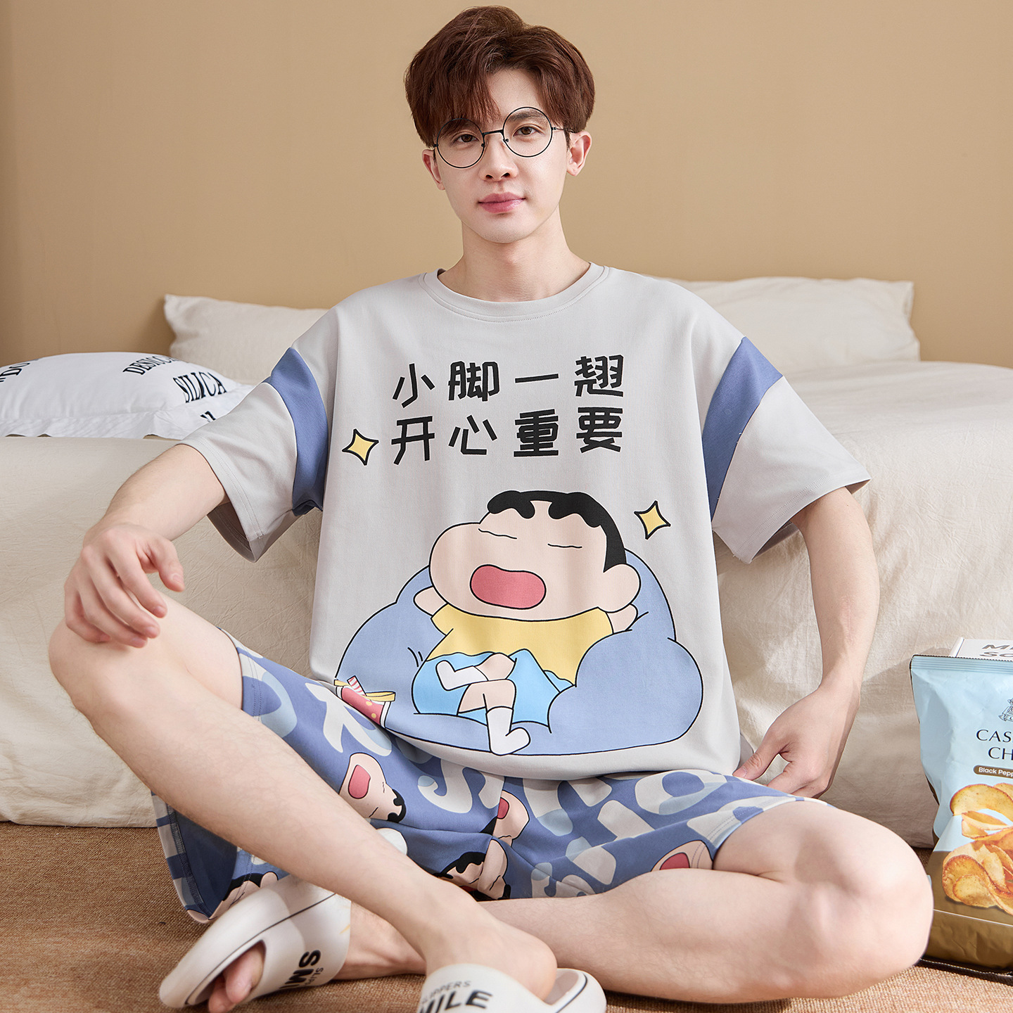 잠옷 남성면 여름 반팔 반바지 학생 만화 악어 플러스 사이즈 면화 홈 착용 세트 세대 헤어