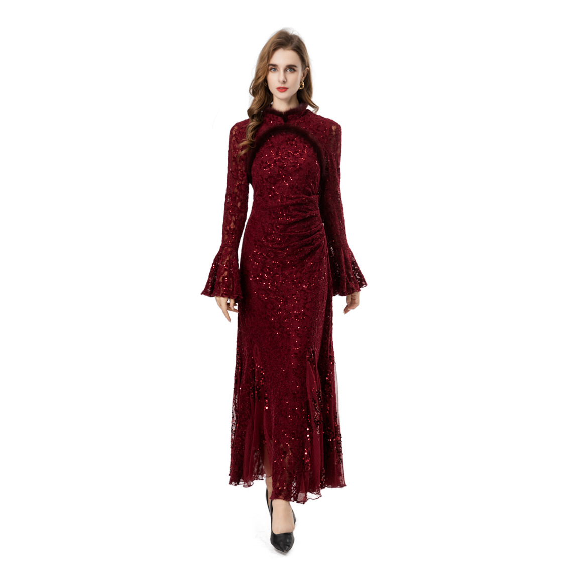 Cheongsam Style Trumpet Sleeve Red Heavy-Duty Evening Dress with Elegant High-End Sequin Fishtail Waist-Cinching Dress 252005