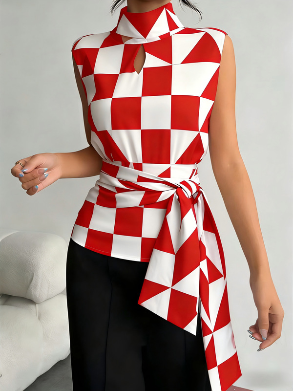 Stand Collar Hollow-Out Tie-Waist Slim-Fit Sleeveless Shirt, Elegant and Stylish Ol Workwear Style, Digital Print Stand Collar Hollow-Out Tie-Waist Slim-Fit Sleeveless Shirt, Elegant and Stylish Ol Workwear Style, Digital Print