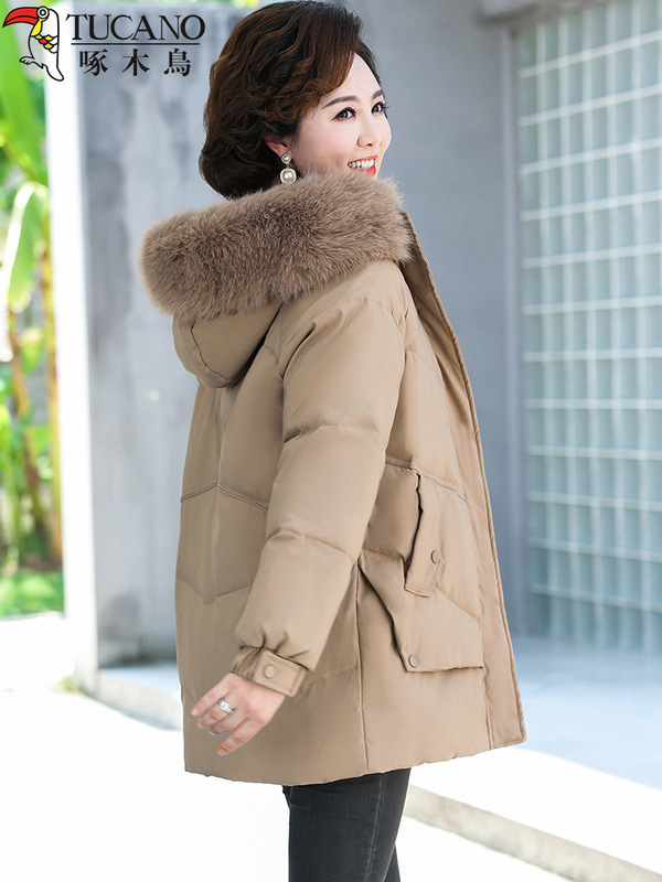 Woodpecker Mom down Jacket Women's 2024 Winter New Middle-Aged and Elderly Wear Thickened Mid-Length Hooded Jacket