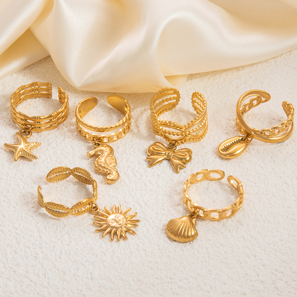 4g Weight Open Rings Classification Adjustable Ring Size 1 Piece Quantity Casual, Holiday Occasion 304 Stainless Steel Material Starfish, Shell, Fish Pattern Women's Gender Plating Design Marine Style Style Gold Color Marine Style Starfish Shell Fish 304 Stainless Steel Plating Women's Open Rings 无