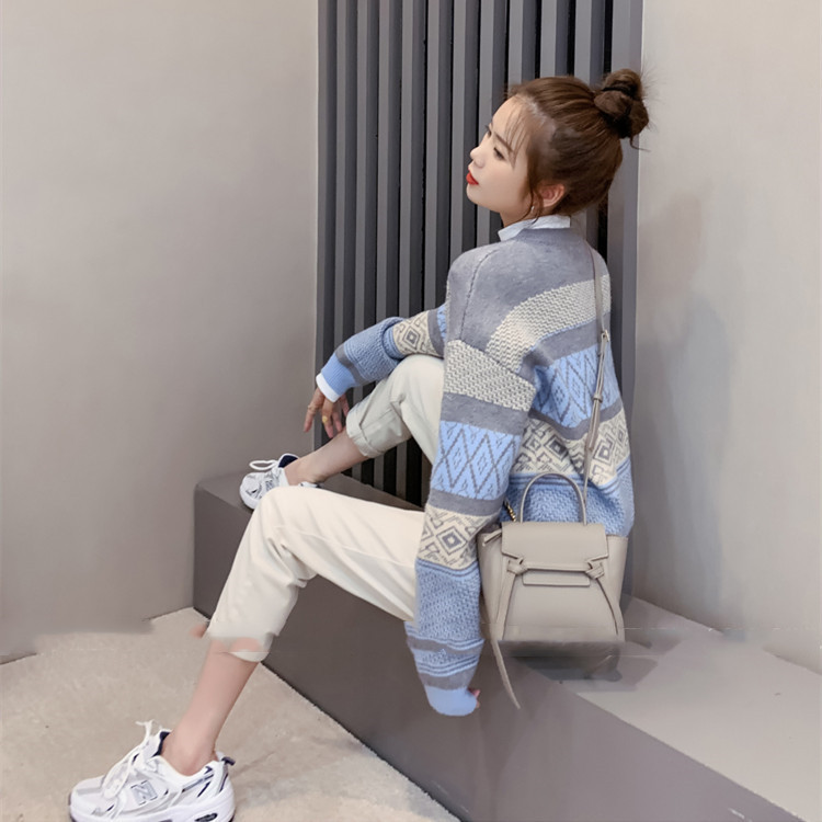 迷人提花毛衣开衫女 秋冬小众慵懒上衣韩版宽松菱形圆领针织外套