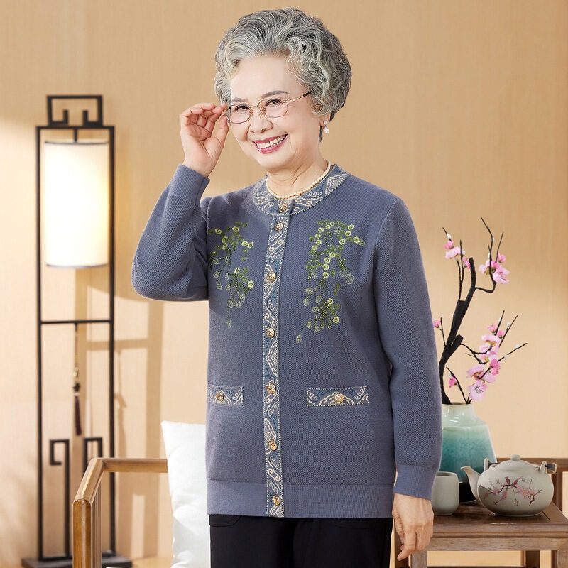 奶奶秋装外套老年人女长袖开衫妈妈秋冬针织衫老人太太加厚上衣服|undefined