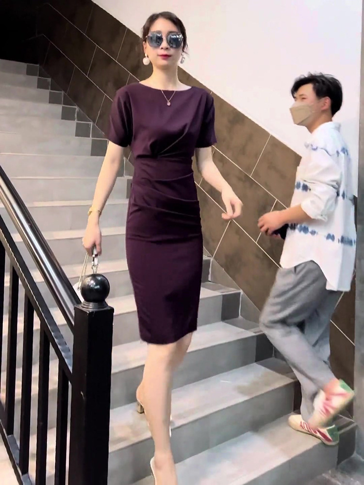 Váy liền ôm sát body tôn dáng phong cách Pháp chic cổ điển mùa hè — màu tím chi tiết 3