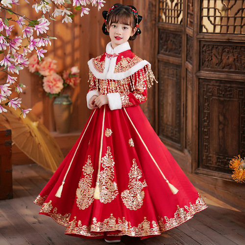 Girls chinese winter hanfu princess dress model show film drama cosplay performance tang suit qipao cheongsam dress for kids