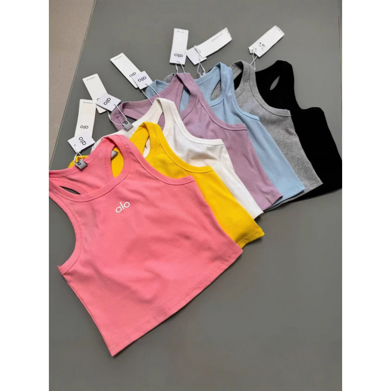 Alo Letter Embroidered Short Vest in Yellow, Pink, Black, and Purple, Popular Style, High-Volume Sales, New Model Alo Letter Embroidered Short Vest in Yellow, Pink, Black, and Purple, Popular Style, High-Volume Sales, New Model