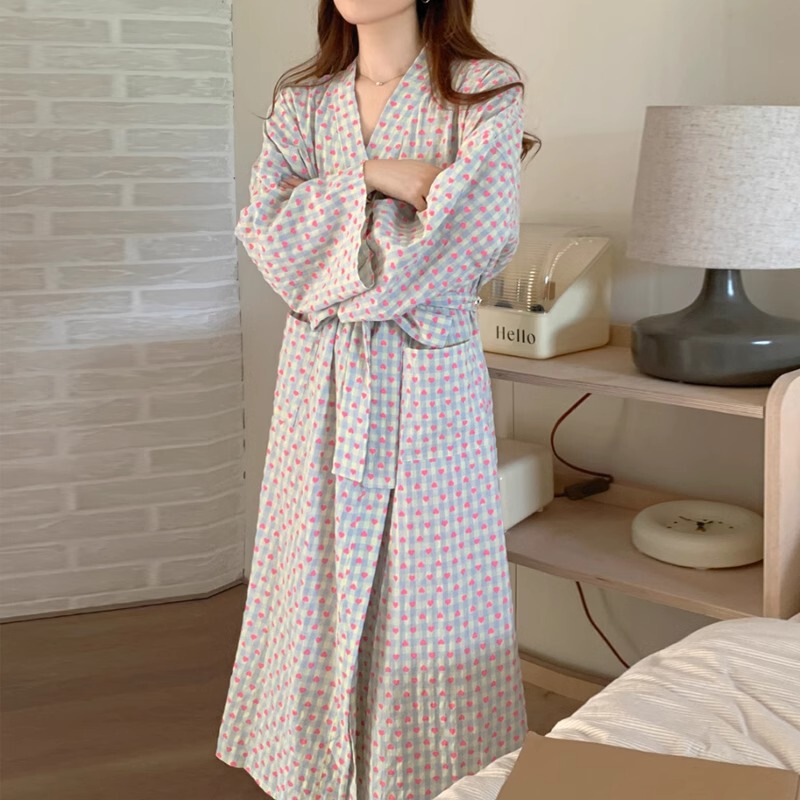 Japanese style pajamas bathrobe women's nightgown Autumn New sweet heart plaid loose long sleeve long ins style kimono