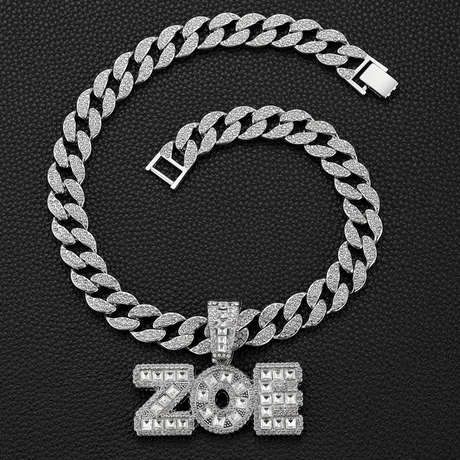 Men's T-square glass diamond letter ZOE INS personalized trendy hip-hop pendant accessory Cuban necklace_voghion.com