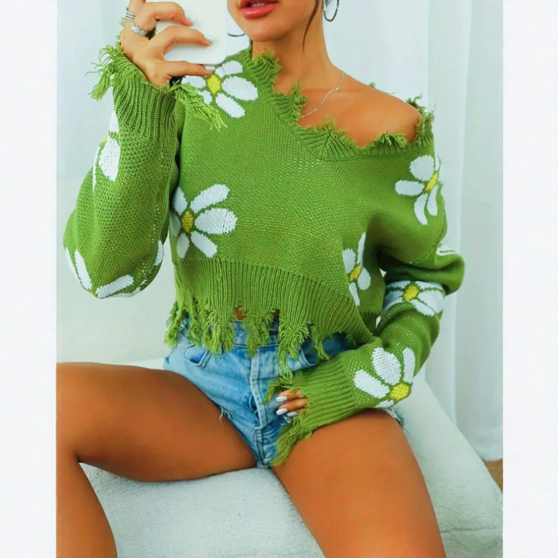 European and American Style Daisy Jacquard Knitted Sweater for Women, V-Neck, Fringed, Autumn and Winter Style, Short, Loose, Lazy Style, Long-Sleeved Top European and American Style Daisy Jacquard Knitted Sweater for Women, V-Neck, Fringed, Autumn and Winter Style, Short, Loose, Lazy Style, Long-Sleeved Top