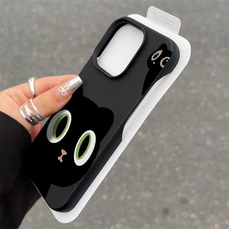 Funda para teléfono con diseño de gato negro de ojos grandes, compatible con iPhone 16/15 Pro Max, funda de media cubierta para 14, funda para 13/12, funda de dibujos animados para 11.