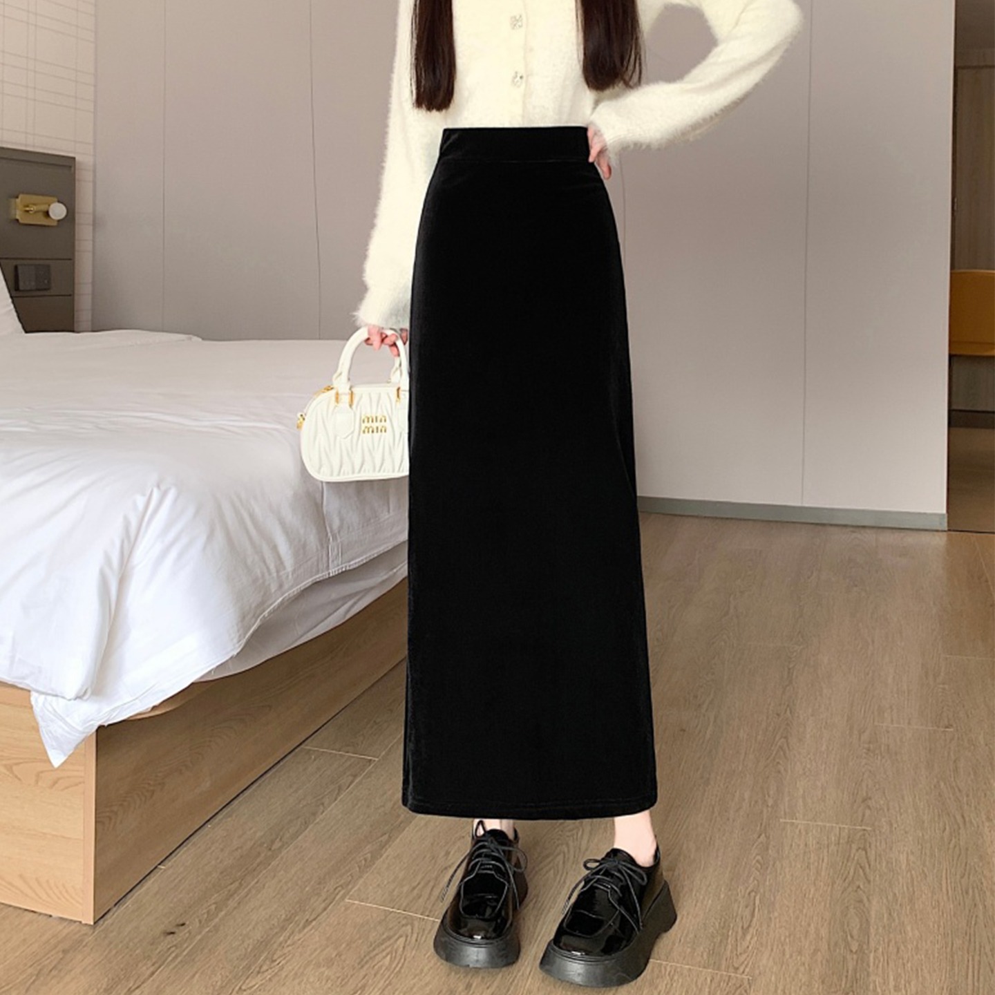 Slit Straight Velvet Skirt for Women, Spring 2026 New High-Waisted A-Line Skirt, Mid-Length Pencil Skirt