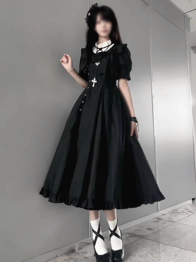 Japanese-Style Light Lolita Daily Lace Dress, Classic Lolita Long Dress, Black Waist-Cinching Elegant Dress, Short-Sleeve Flared Skirt