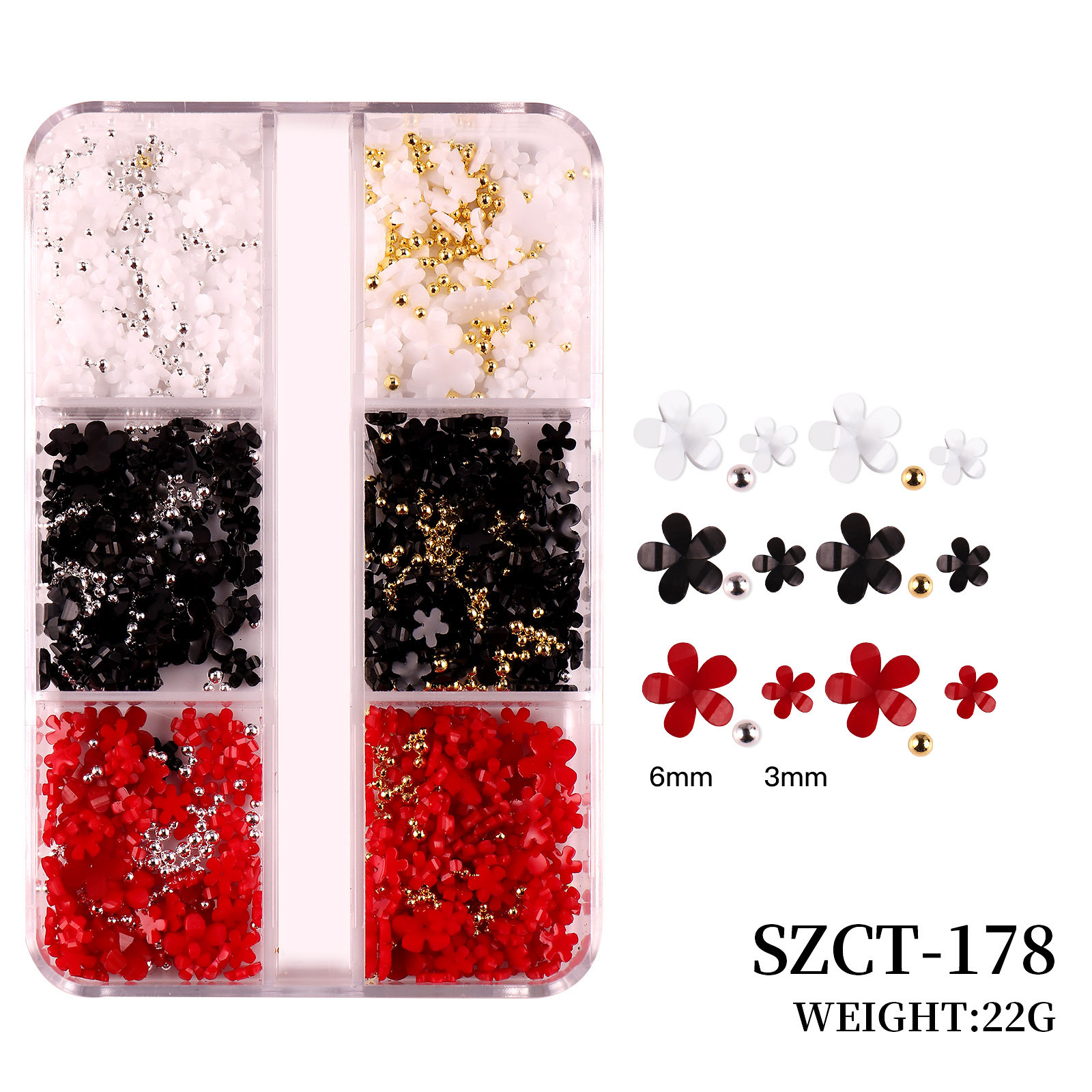 Joyas de uñas transfronterizas Juego de 6 cuadrículas de resina de uñas de color flor de cinco pétalos pequeña bola de acero decoración de uñas de vestir