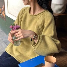 韩式慵懒风纯色百搭毛衣女2023秋新款圆领卷边设计宽松套头针织衫
