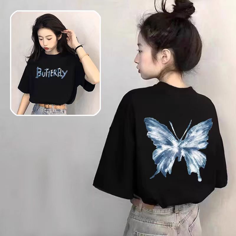 Black Pure Cotton American Style Inner Right Shoulder Short-Sleeved T-Shirt for Women 2025 Summer New European Style Loose Top Bottoming Shirt m