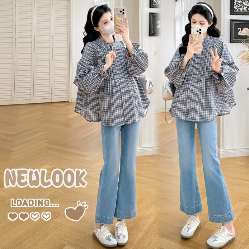 2026 New Autumn Maternity Shirt with Ruffled Hem, Pleated Plaid Long Sleeve Babydoll Top for Pregnant Women 2026 New Autumn Maternity Shirt with Ruffled Hem, Pleated Plaid Long Sleeve Babydoll Top for Pregnant Women