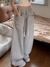 大码胖mm美式复古松紧腰立体口袋运动裤女秋垂感显瘦灰色弯刀卫裤