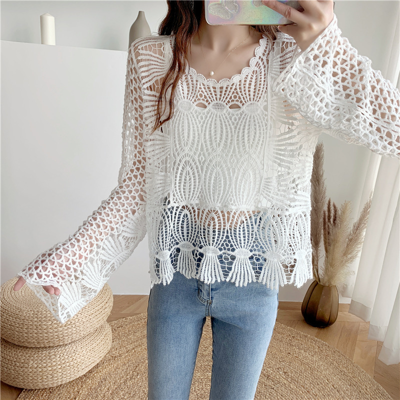 2025 Early Autumn New Long-Sleeved Shawl Top Cut Out Mesh Seaside Vacation Mesh Shirt Cotton Blouse Knitwear for Women 2025 Early Autumn New Long-Sleeved Shawl Top Cut Out Mesh Seaside Vacation Mesh Shirt Cotton Blouse Knitwear for Women