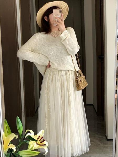 Shuangtian 2026 Spring Women's Fashion Plus Size Skirt for Plus-Size Girls, Fashionable Sequin Mesh Elastic Waist Skirt 9306
