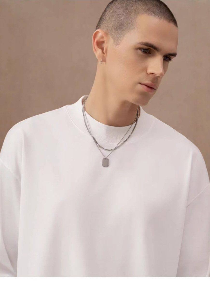 310g pesado cuello pequeño camiseta de cuello alto de manga corta europea y americana hombre de hombro caído casual pareja casual en la parte superior versátil