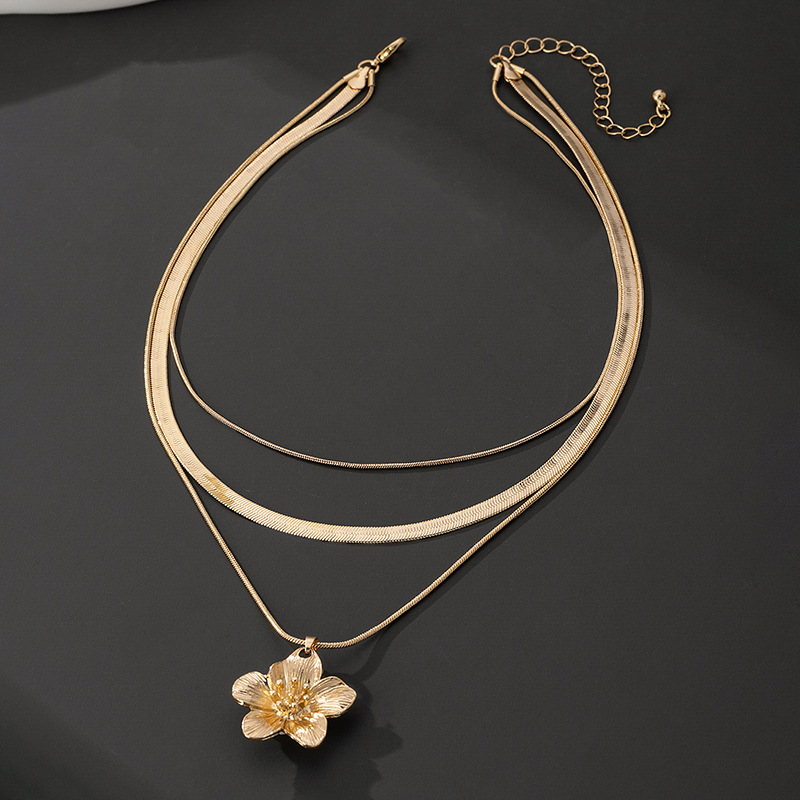 Collier pendentif fleur plissée dorée, tendance européenne et américaine, pour femme, style multi-rangs._voghion.com